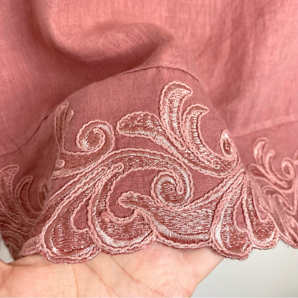 Lina Tomei Linen Floral Embroidered Trim Short Sleeve Pullover Blouse Dusty Rose - Picture 4 of 8